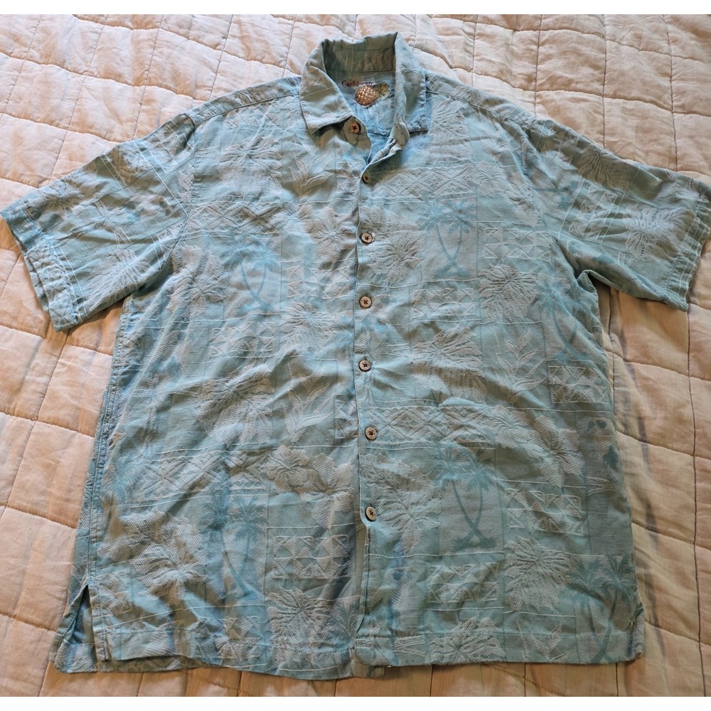 Caribbean Pineapple Men's Size Large Blue Silk Blend Hawaiian Shirt